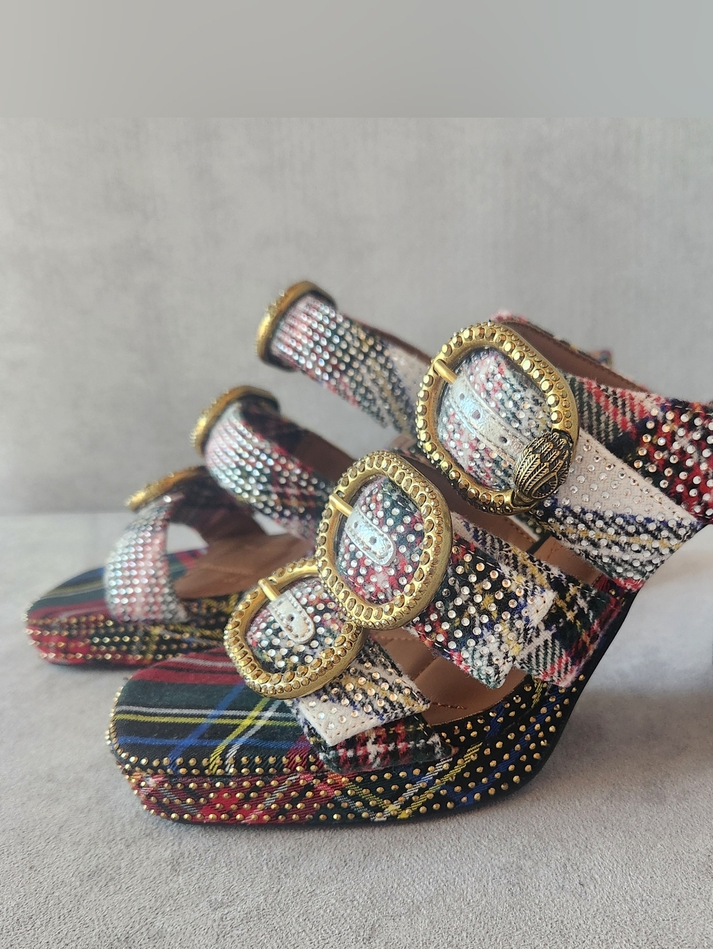 Kurt Geiger Heeled Mules 10 Plaid Mayfair Buckle Chunky Platform Sandal New $245 - Picture 10 of 16